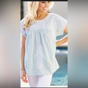 J. Marie Embroidered Top Green White Floral Stripe size Medium